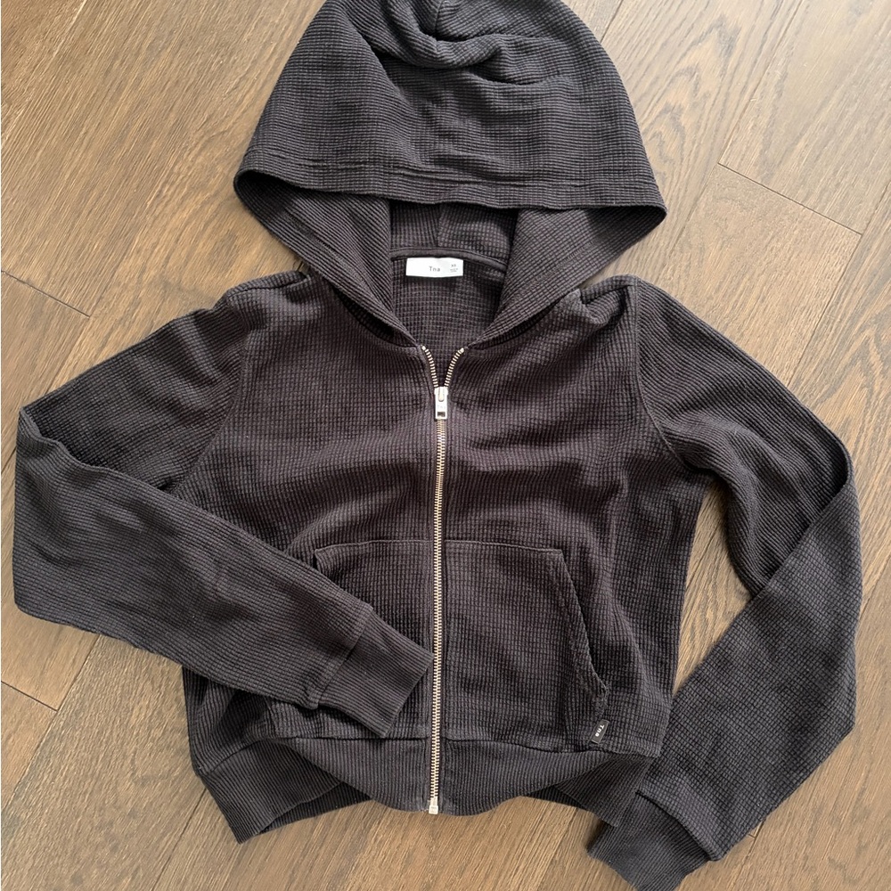 TNA Black Waffle-Knit Hoodie Zip Jacket